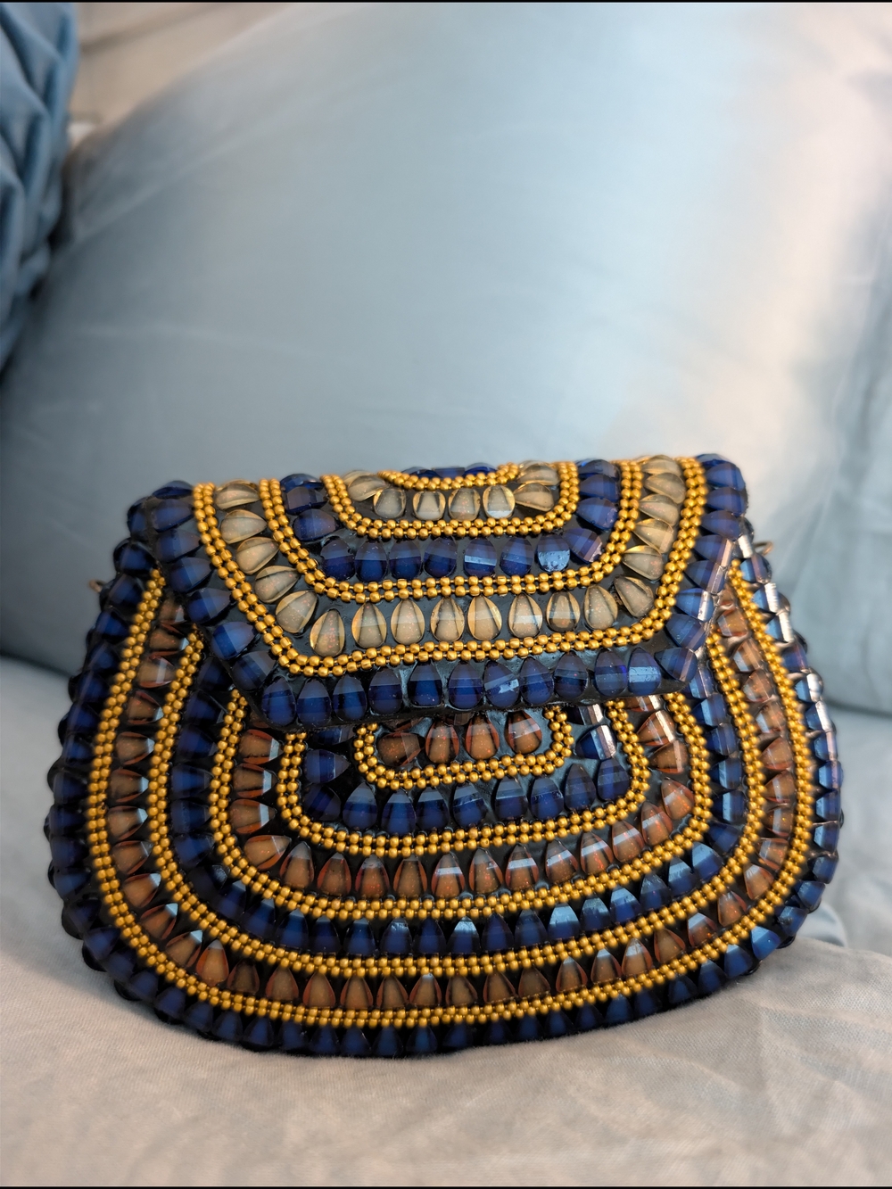 NWT RAMLA Handcrafted Genuine Tiger's Eye & Blue Crystal Mosaic Crossbody Clutch